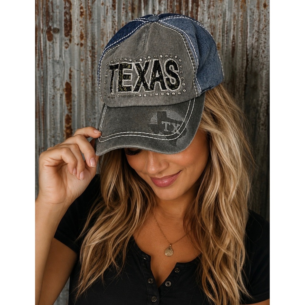 Vintage Texas Denim Rhinestone Strapback Hat Distressed Y2K Western Cowgirl Cap